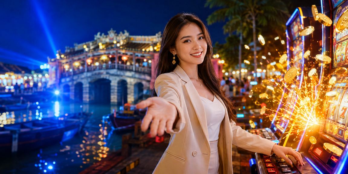 Người chơi slots jackpot tại chợ đêm Hội An với ánh đèn lồng rực rỡ về đêm